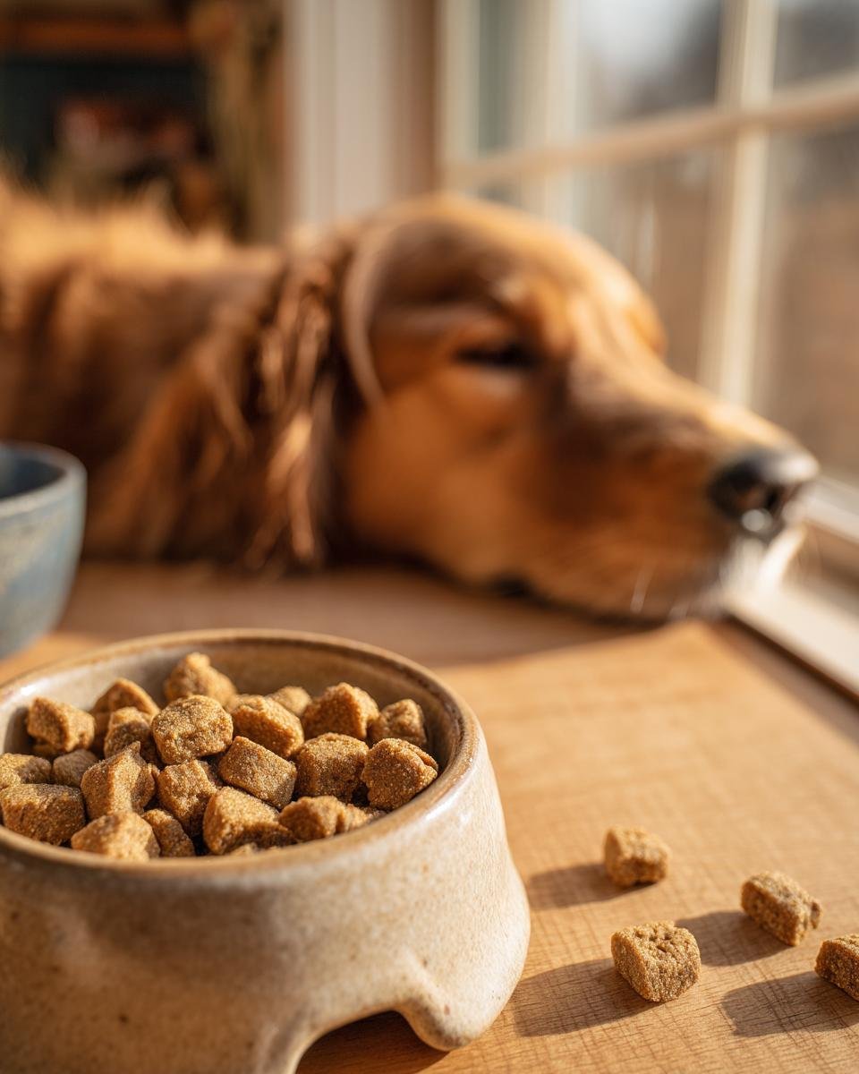 A close-up of Homemade Turkey and Sweet Pea Lean Crunch Kibble in a ceramic bowl, with a dog resting in the background.