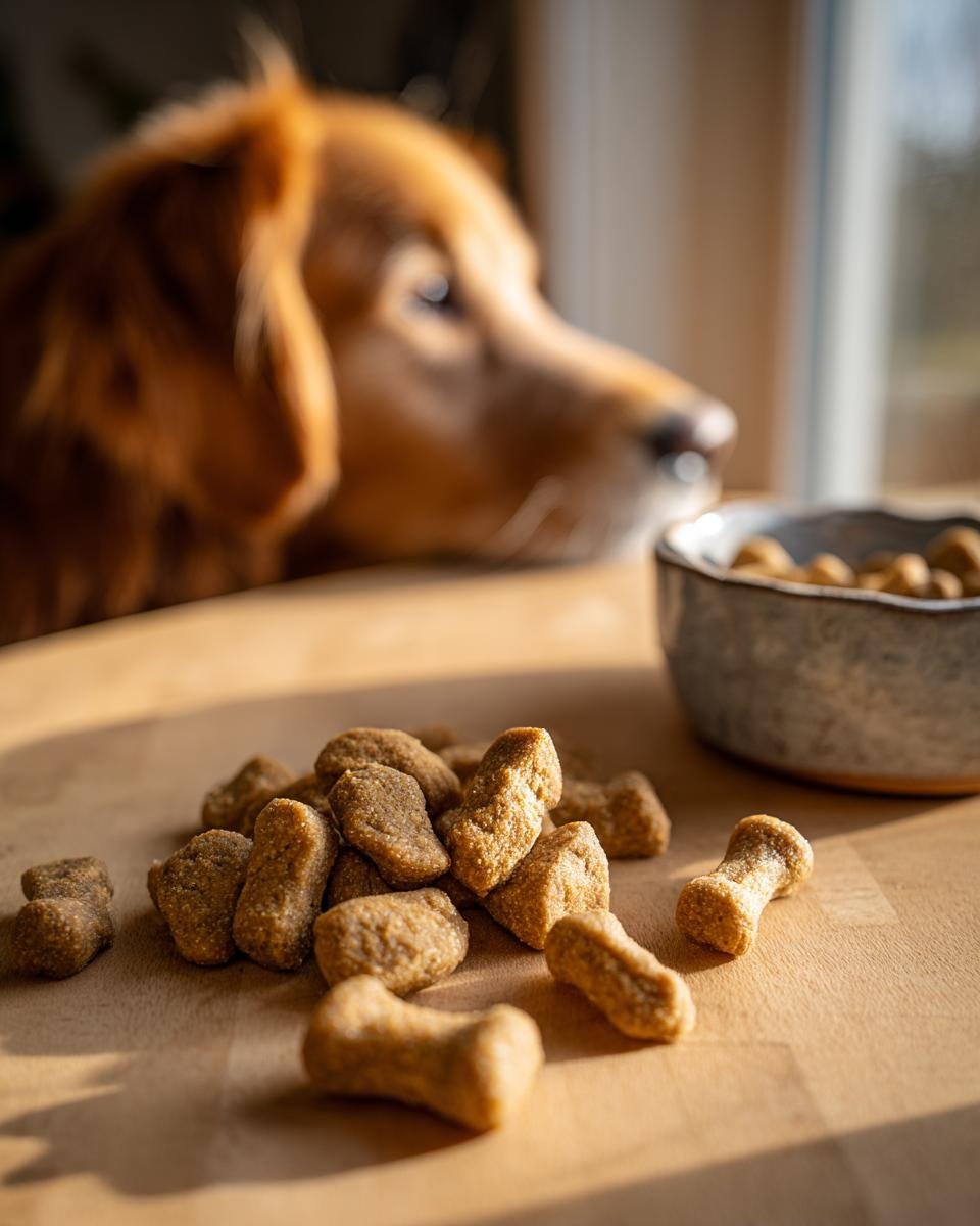 Close-up of Homemade Turkey and Sweet Pea Lean Crunch Kibble pieces on a wooden surface with a dog waiting in the background.