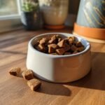 A white bowl filled with Homemade Turkey and Zucchini Low Fat Kibble Mix, sitting on a wooden surface.