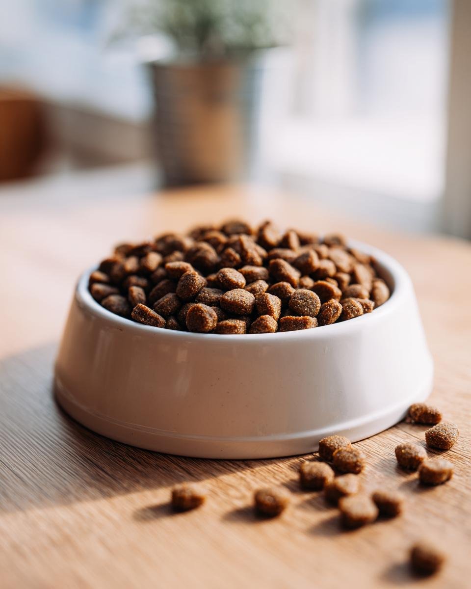 A white bowl filled with brown, dry kibble, representing the Homemade Turkey and Zucchini Low Fat Kibble Mix.