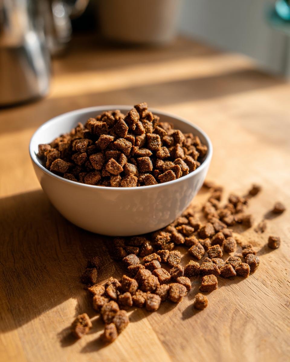 A white bowl filled with Homemade Turkey and Zucchini Low Fat Kibble Mix, spilled slightly onto a wooden surface.