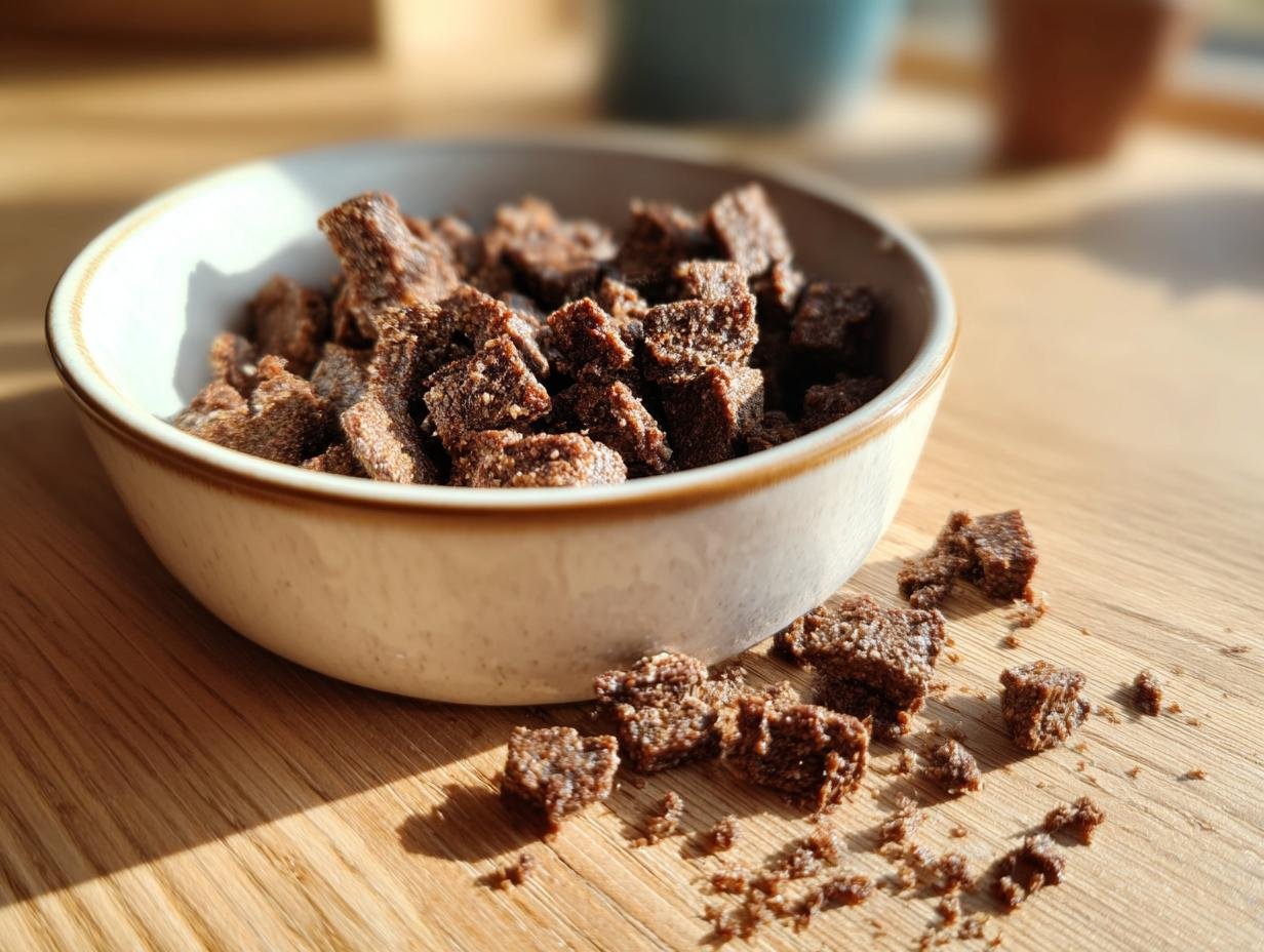 Close-up of dark, textured pieces of Homemade Turkey and Zucchini Low Fat Kibble Mix in a small bowl.