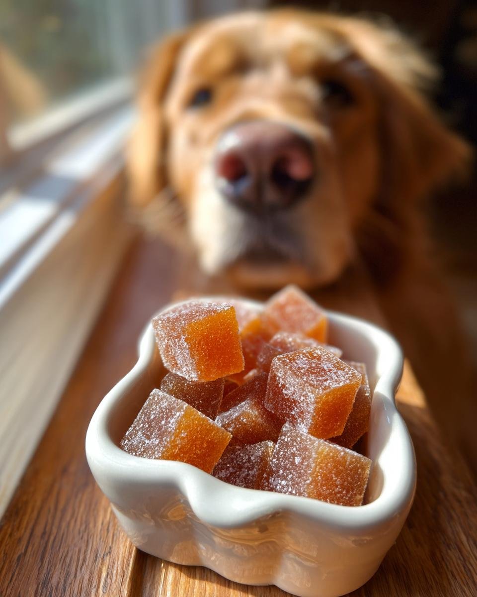 A bowl of Homemade Vet Approved Bone Broth Gummies in the foreground, with a golden retriever looking intently in the background.