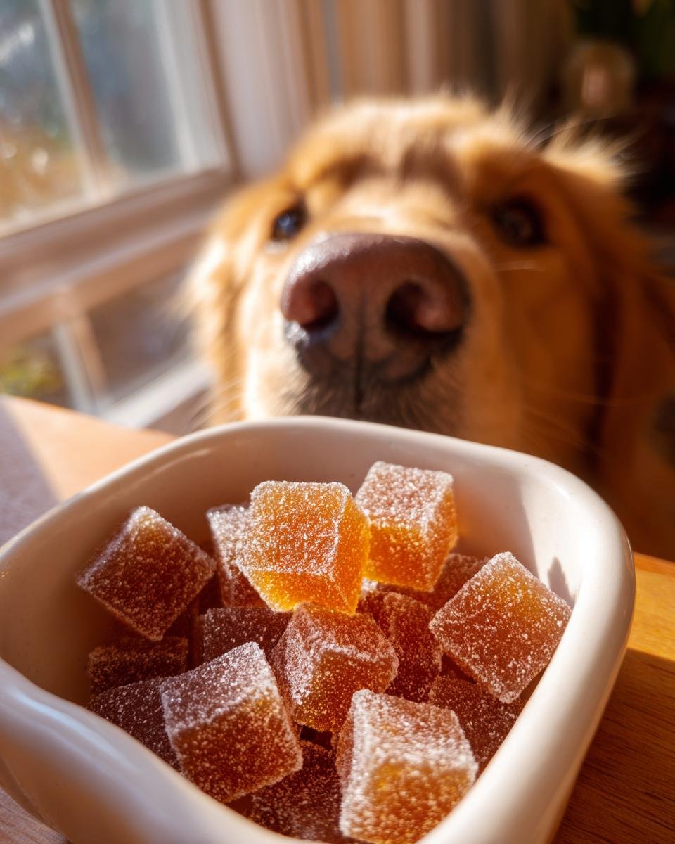 A bowl of Homemade Vet Approved Bone Broth Gummies with a curious Golden Retriever sniffing them in the background.