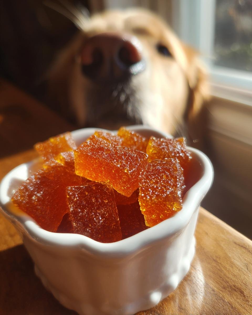 A bowl of amber Homemade Vet Approved Bone Broth Gummies with a golden retriever sniffing them.