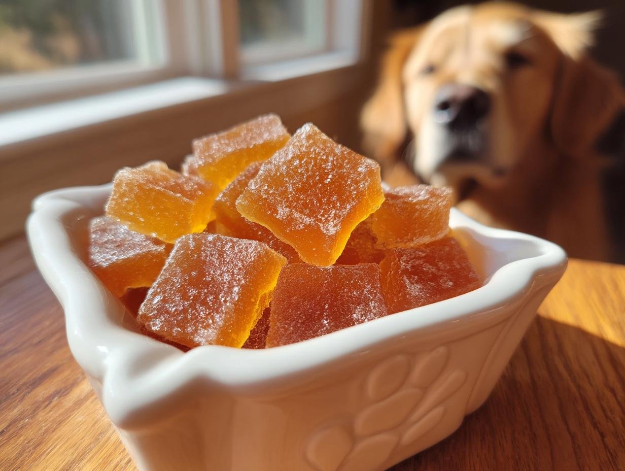 Close-up of amber-colored Homemade Vet Approved Bone Broth Gummies in a white dish, with a dog looking on in the background.