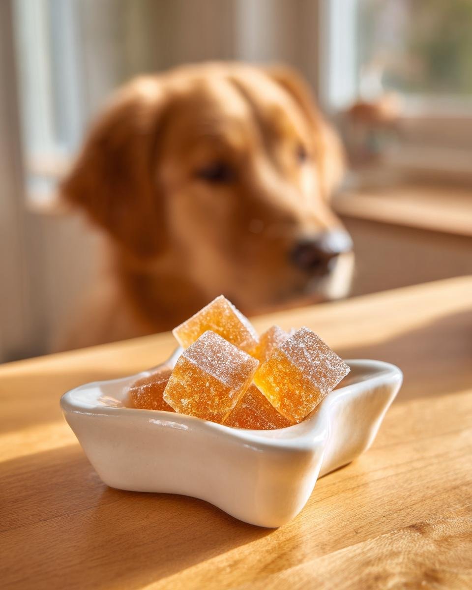 A bowl of amber-colored Hydration Bone Broth Electrolyte Gummies for dogs with a golden retriever looking on in the background.