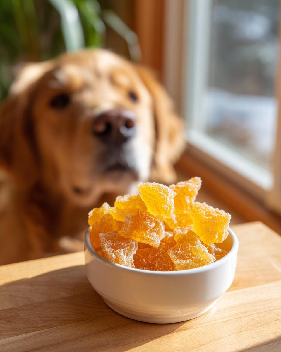 A bowl of orange, sugar-coated Immune Boost Bone Broth Gummy Treats for Dogs with a Golden Retriever looking on in the background.
