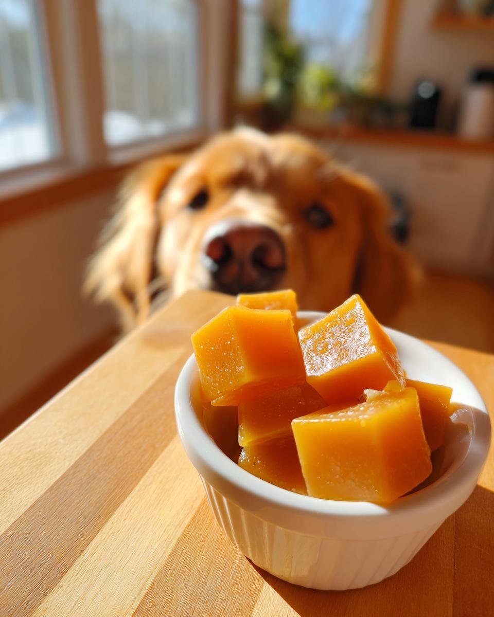 A bowl of orange Immune Boost Bone Broth Gummy Treats for dogs with a curious Golden Retriever looking on.