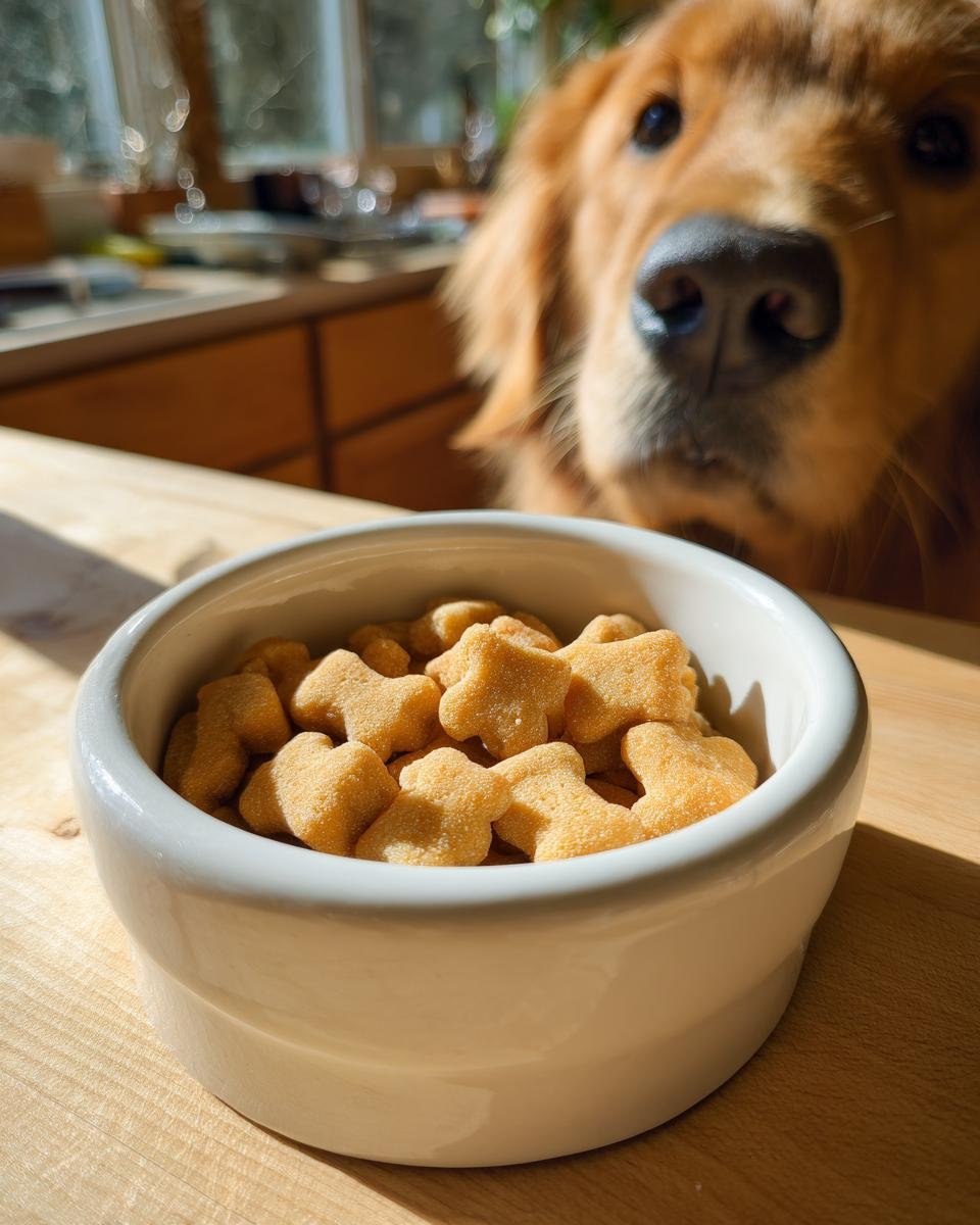 A bowl of homemade Immune Boost Bone Broth Gummy Treats for Dogs with a curious Golden Retriever looking on.
