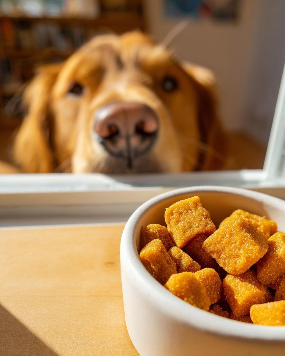 A bowl of orange Immune Boost Bone Broth Gummy Treats for dogs with a curious Golden Retriever looking over a ledge in the background.
