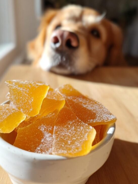 A bowl of orange Immune Boost Bone Broth Gummy Treats for Dogs with a golden retriever looking on.