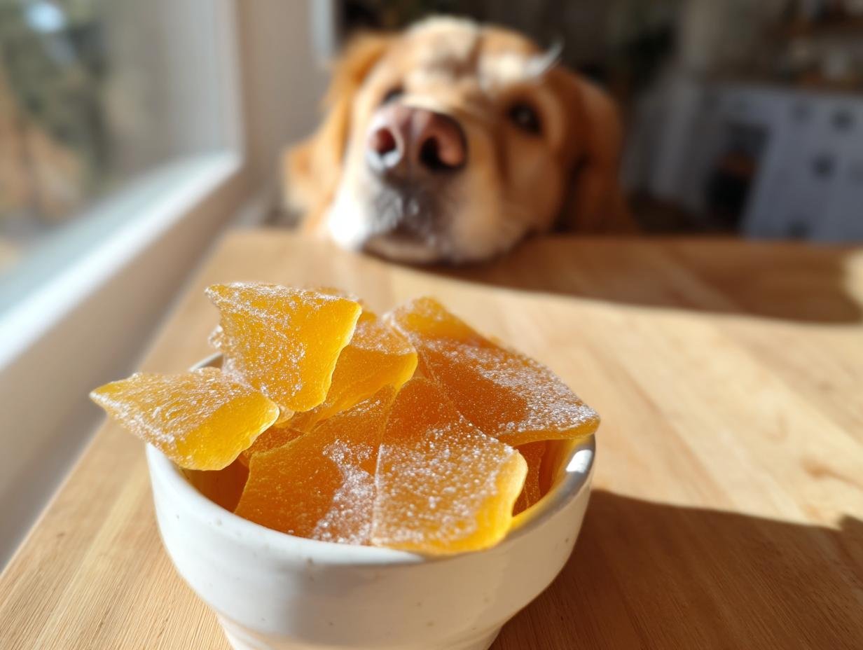 A bowl of orange Immune Boost Bone Broth Gummy Treats for Dogs with a golden retriever looking on.