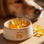 Star-shaped Joint Support Bone Broth Gummy Bones in a ceramic bowl with a paw print, with a dog resting in the background.