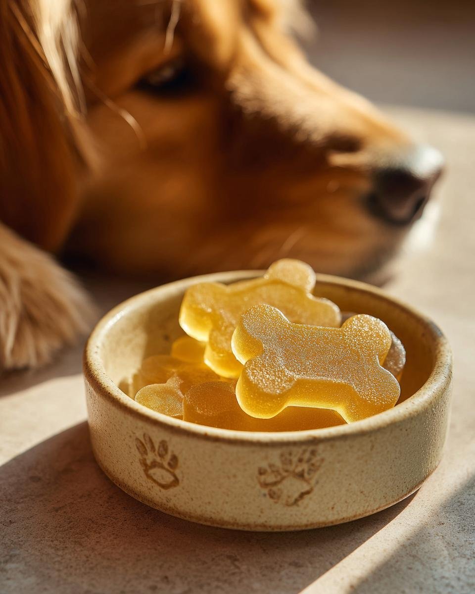 Golden Retriever looking at a bowl of bone-shaped Joint Support Bone Broth Gummy Bones for Dogs.