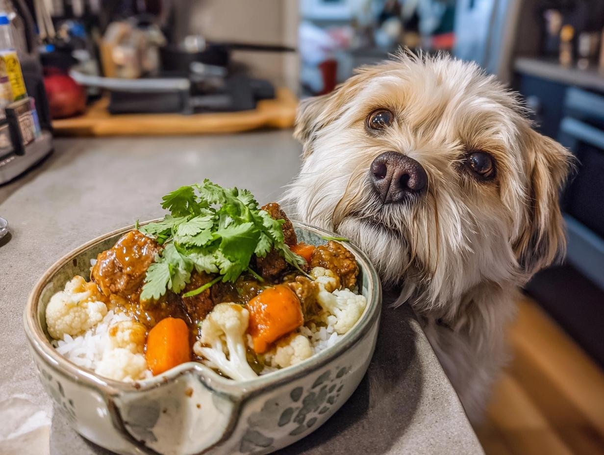 A cute dog looks longingly at a bowl of Lamb and Cauliflower Power Plate.