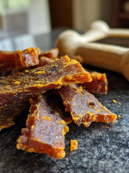 Close-up of homemade Lamb and Pumpkin Fitness Jerky pieces, with a dog chew toy in the background.
