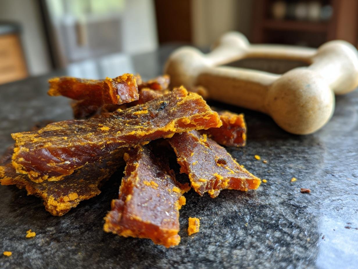 Close-up of homemade Lamb and Pumpkin Fitness Jerky pieces, with a dog chew toy in the background.