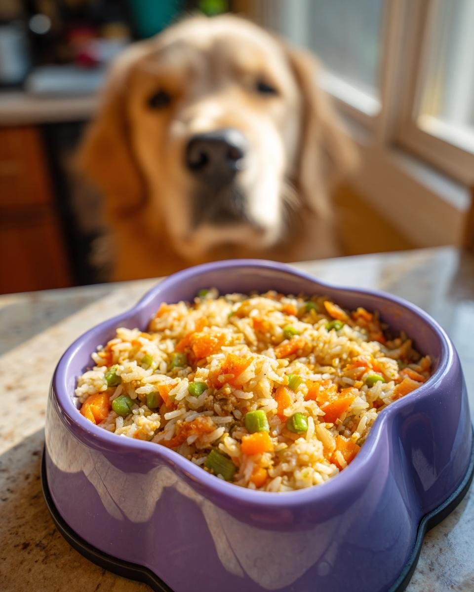 A purple dog bowl filled with a Lamb and Rice Easy Digest Bowl, with a Golden Retriever looking on.
