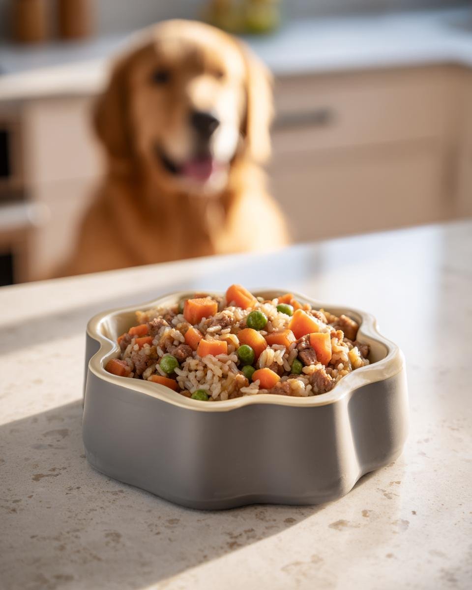 Close-up of a dog bowl filled with Lamb and Rice Easy Digest Bowl for Simple Feeding, with a golden retriever in the background.