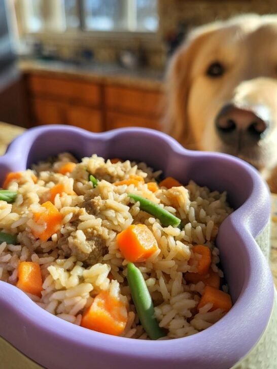 A purple heart-shaped bowl filled with a Lamb and Rice Easy Digest Bowl for dogs, with a golden retriever looking on.