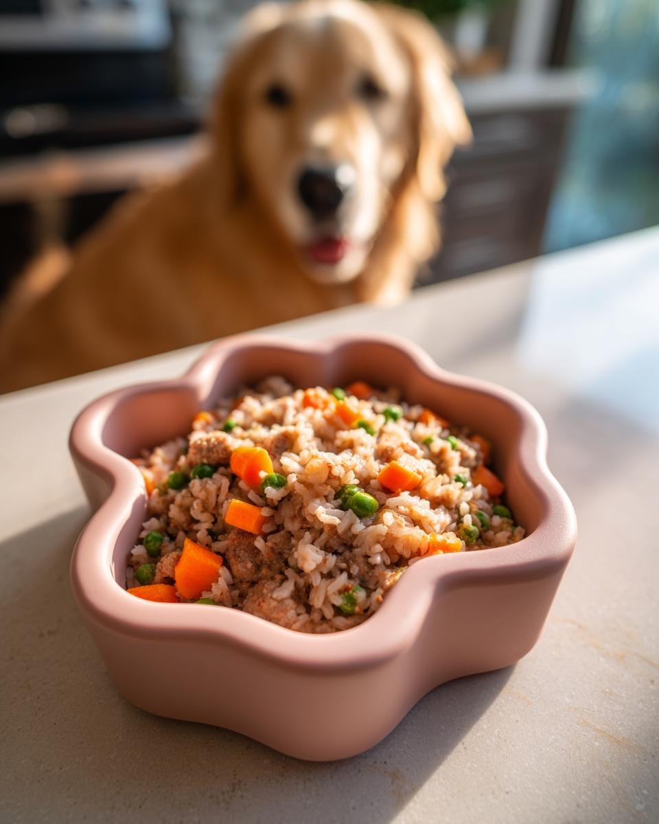 A pink, flower-shaped bowl filled with a healthy Lamb and Rice Easy Digest Bowl for dogs, with a golden retriever in the background.