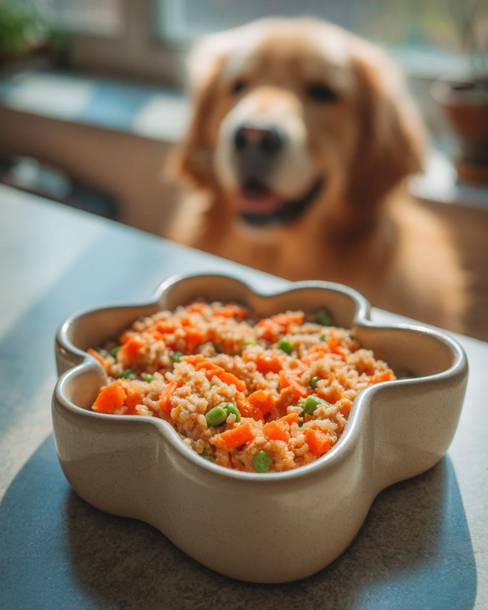 A close-up of a flower-shaped bowl filled with a Lamb and Rice Easy Digest Bowl for Simple Feeding, with a happy Golden Retriever in the background.