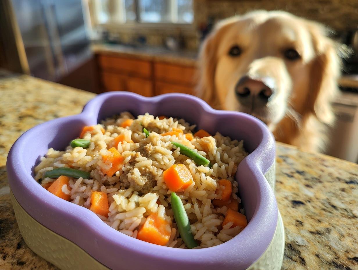 A purple heart-shaped bowl filled with a Lamb and Rice Easy Digest Bowl for dogs, with a golden retriever looking on.