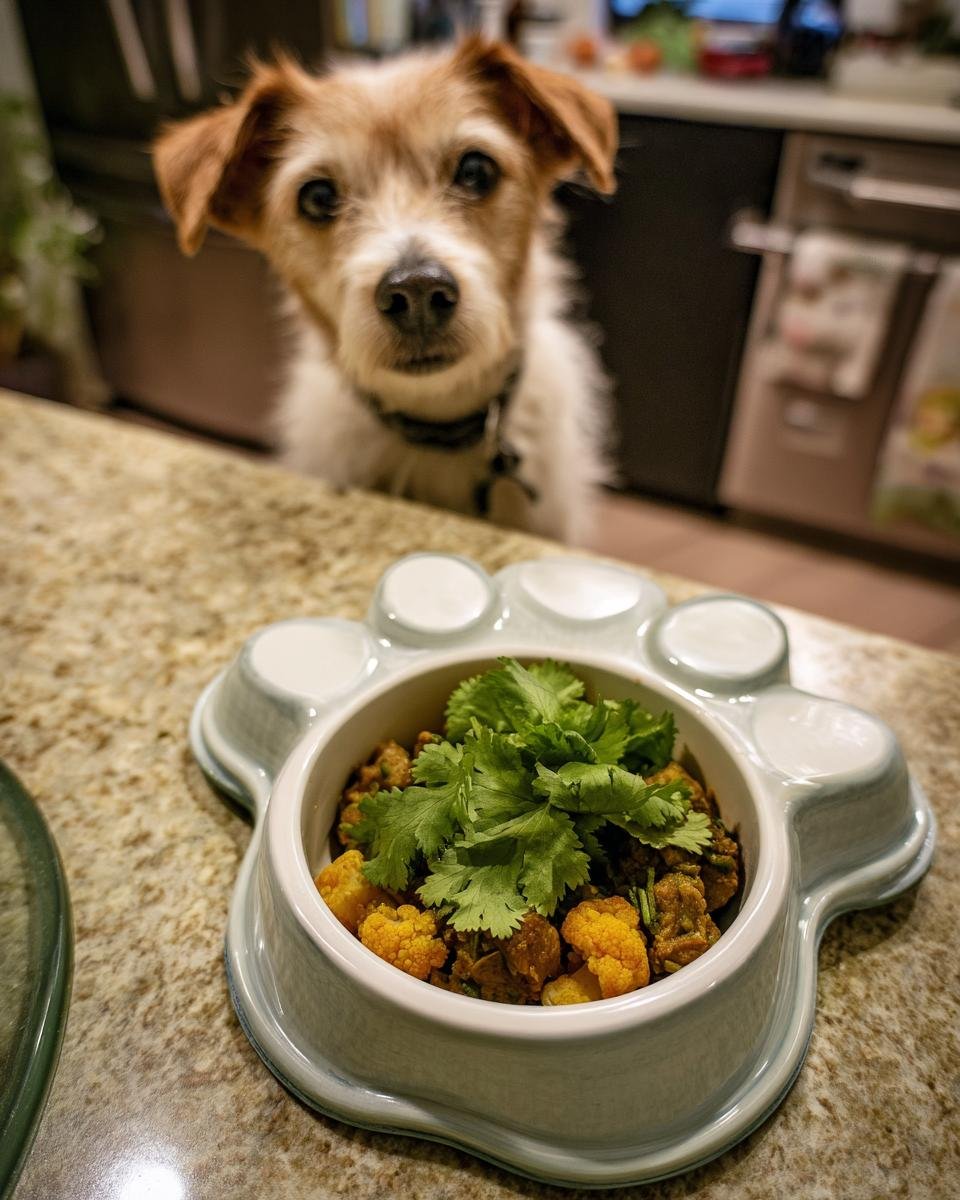 A dog looking at a bowl of Lamb and Cauliflower Power Plate in a dog bowl.