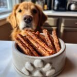 A golden retriever dog looks longingly at a bowl filled with Lamb Oatmeal Gentle Sticks Jerky Treats.