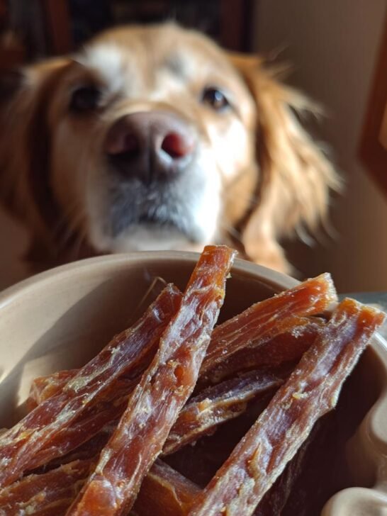 A golden retriever dog looking longingly at a bowl of Lamb Oatmeal Gentle Sticks Jerky treats.