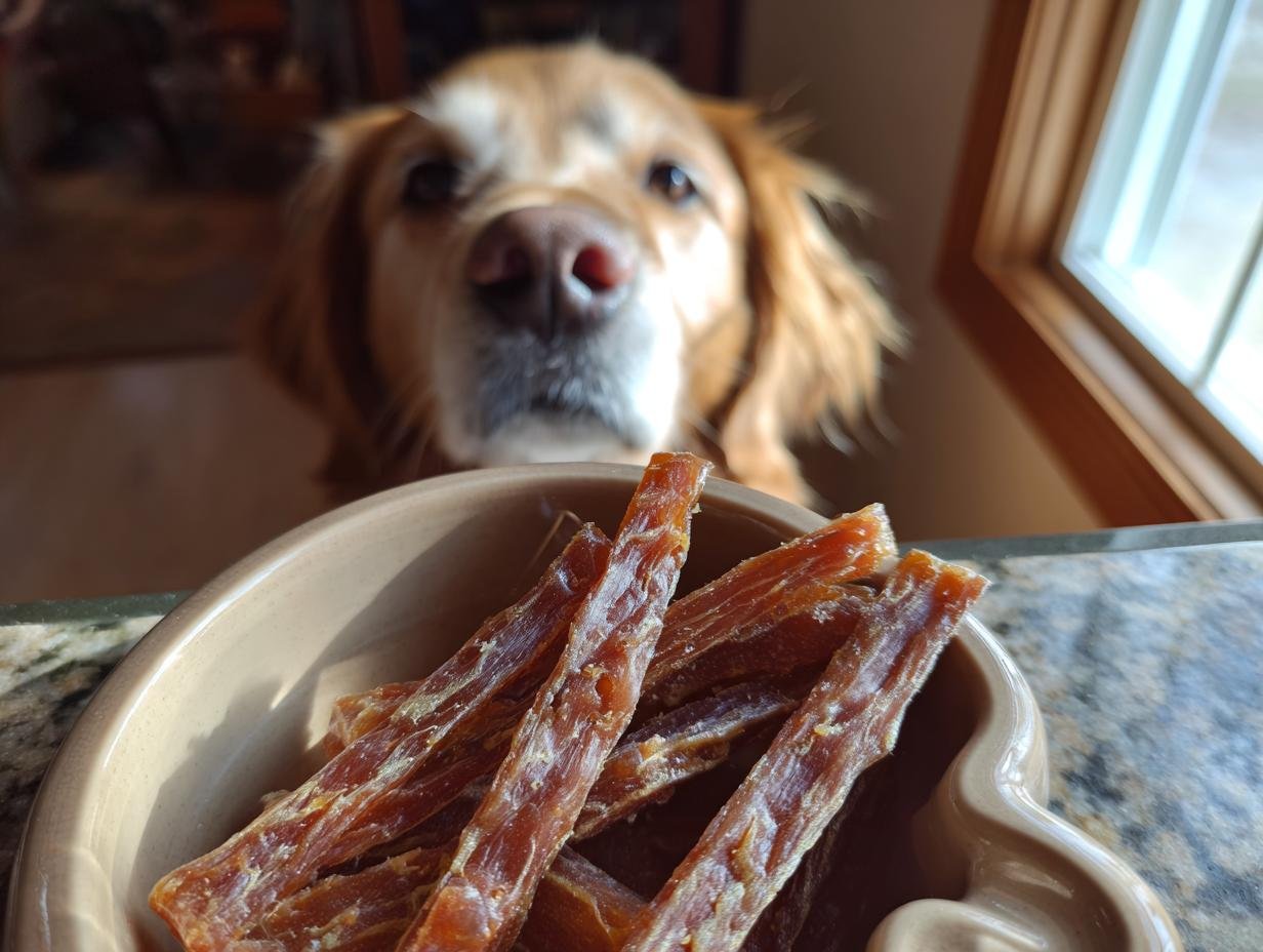 A golden retriever dog looking longingly at a bowl of Lamb Oatmeal Gentle Sticks Jerky treats.