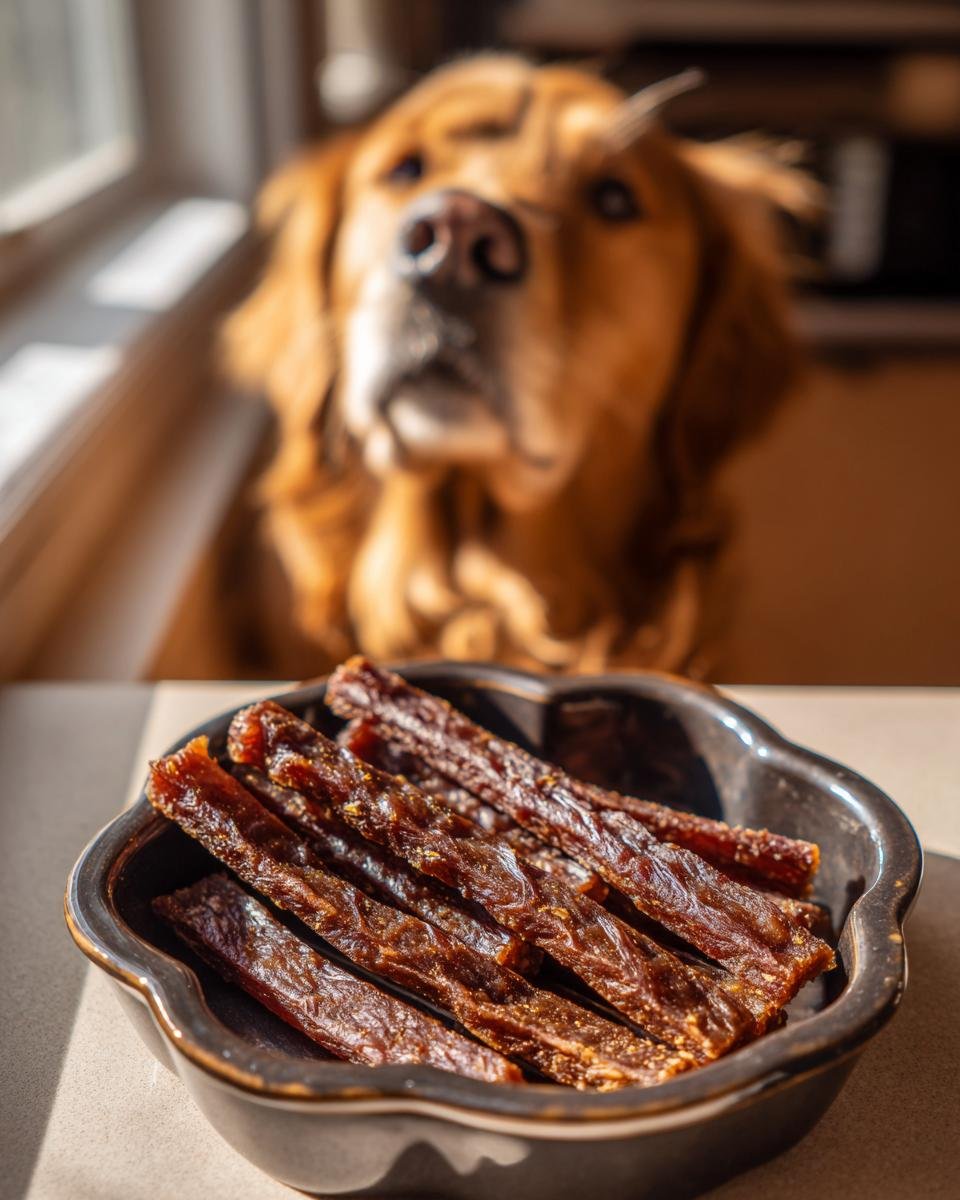 A bowl of Lamb Oatmeal Gentle Sticks Jerky with a Golden Retriever in the background.