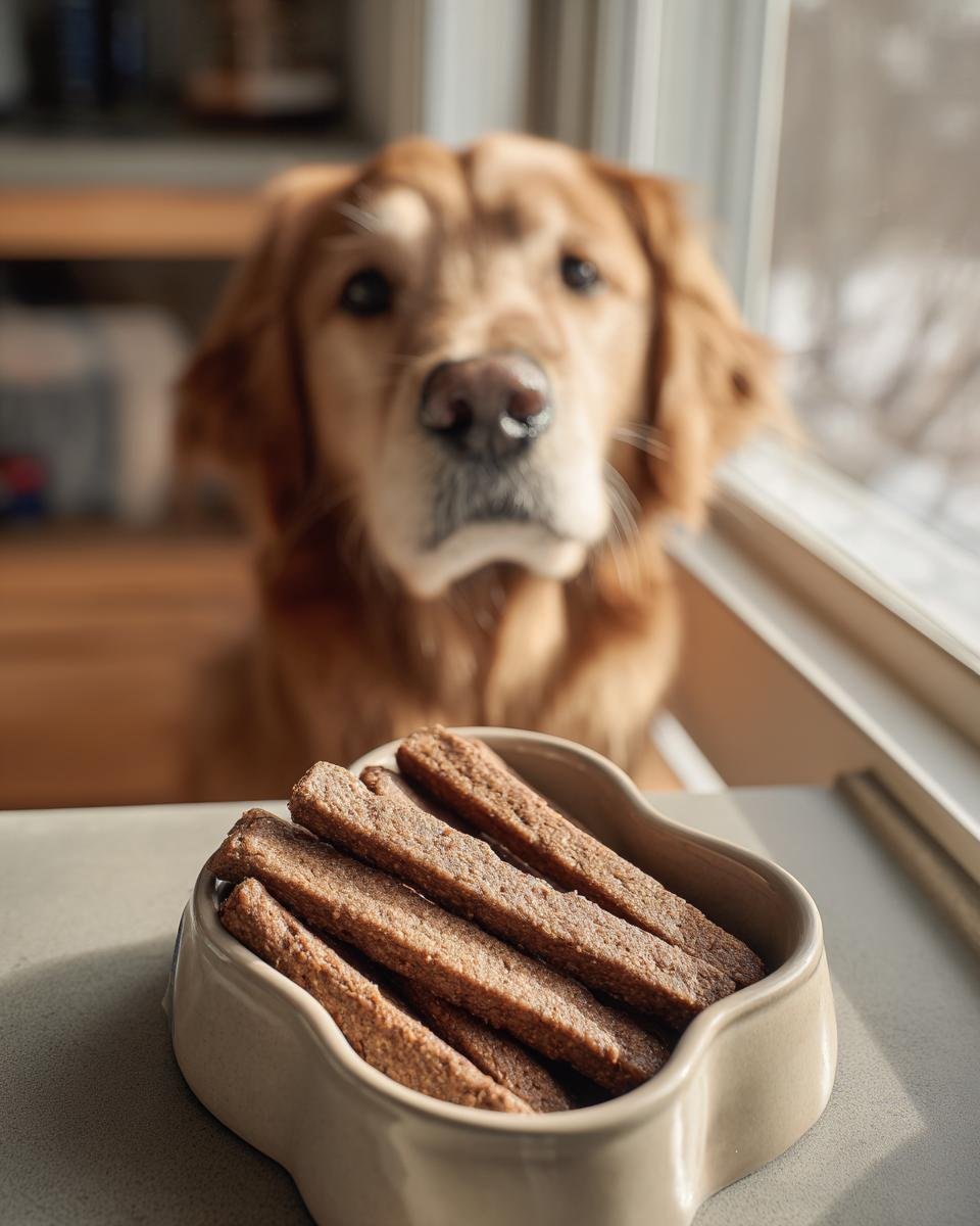 A bowl of Lamb Oatmeal Gentle Sticks Jerky Treats with a golden retriever dog in the background.