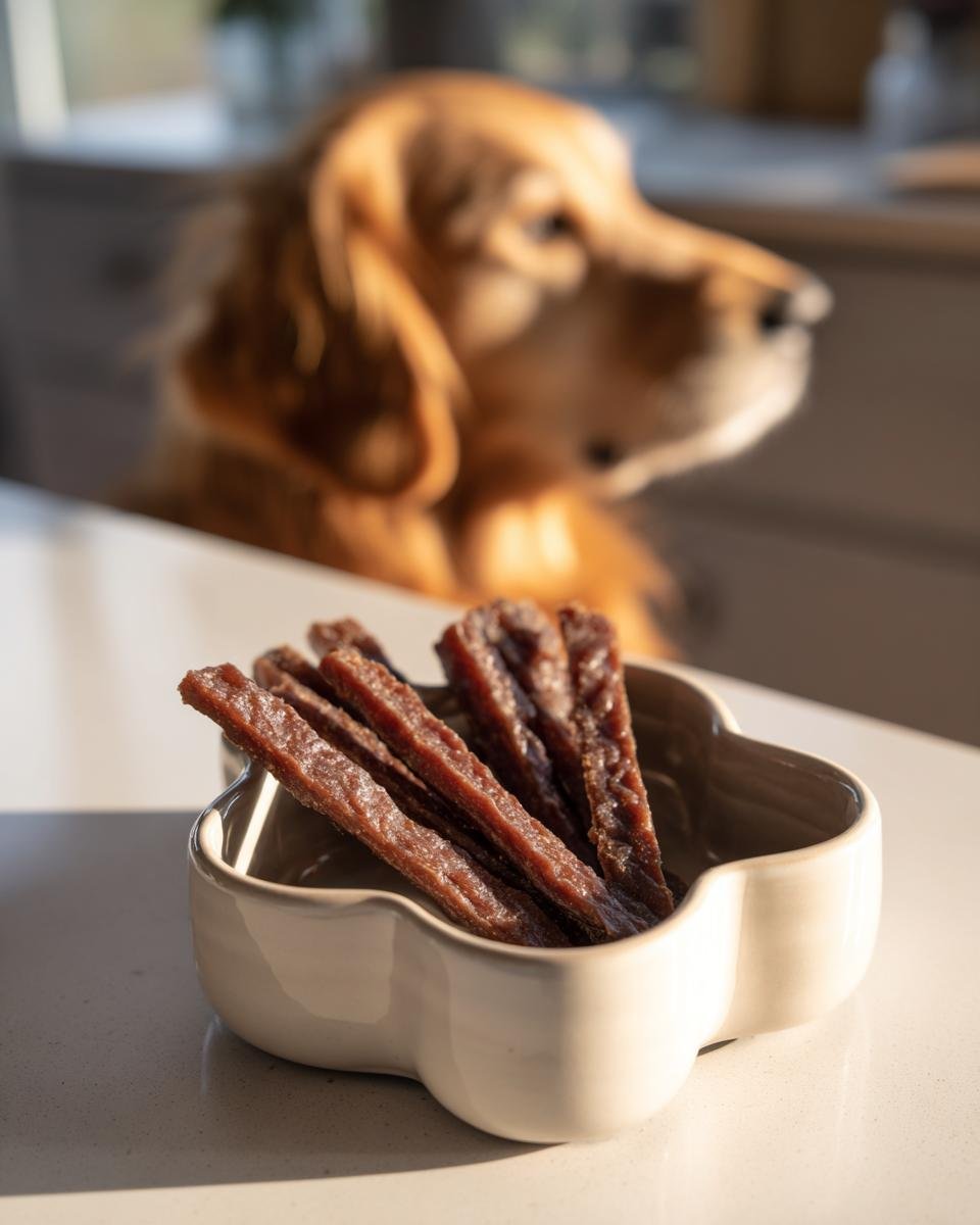 A bowl of Lamb Oatmeal Gentle Sticks Jerky Treats with a golden retriever dog in the background.
