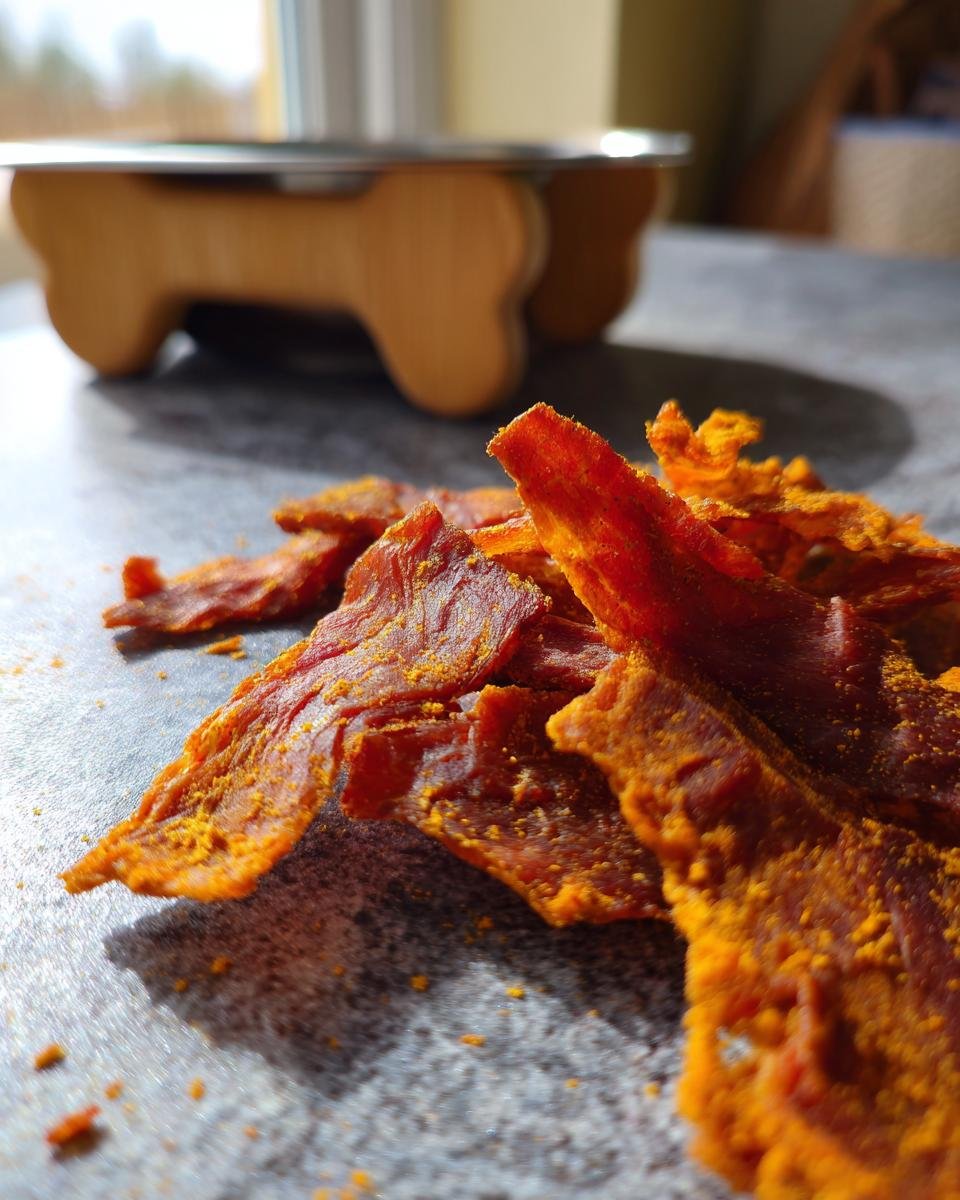 Close-up of homemade Lamb and Pumpkin Fitness Jerky, seasoned with vibrant orange spices.