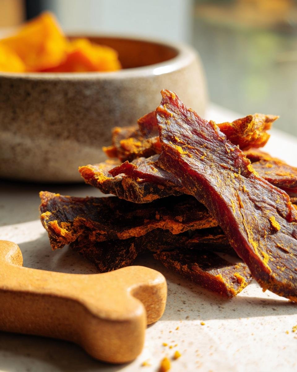 A pile of homemade Lamb and Pumpkin Fitness Jerky, with a bone-shaped dog treat in the foreground and pumpkin pieces in a bowl in the background.