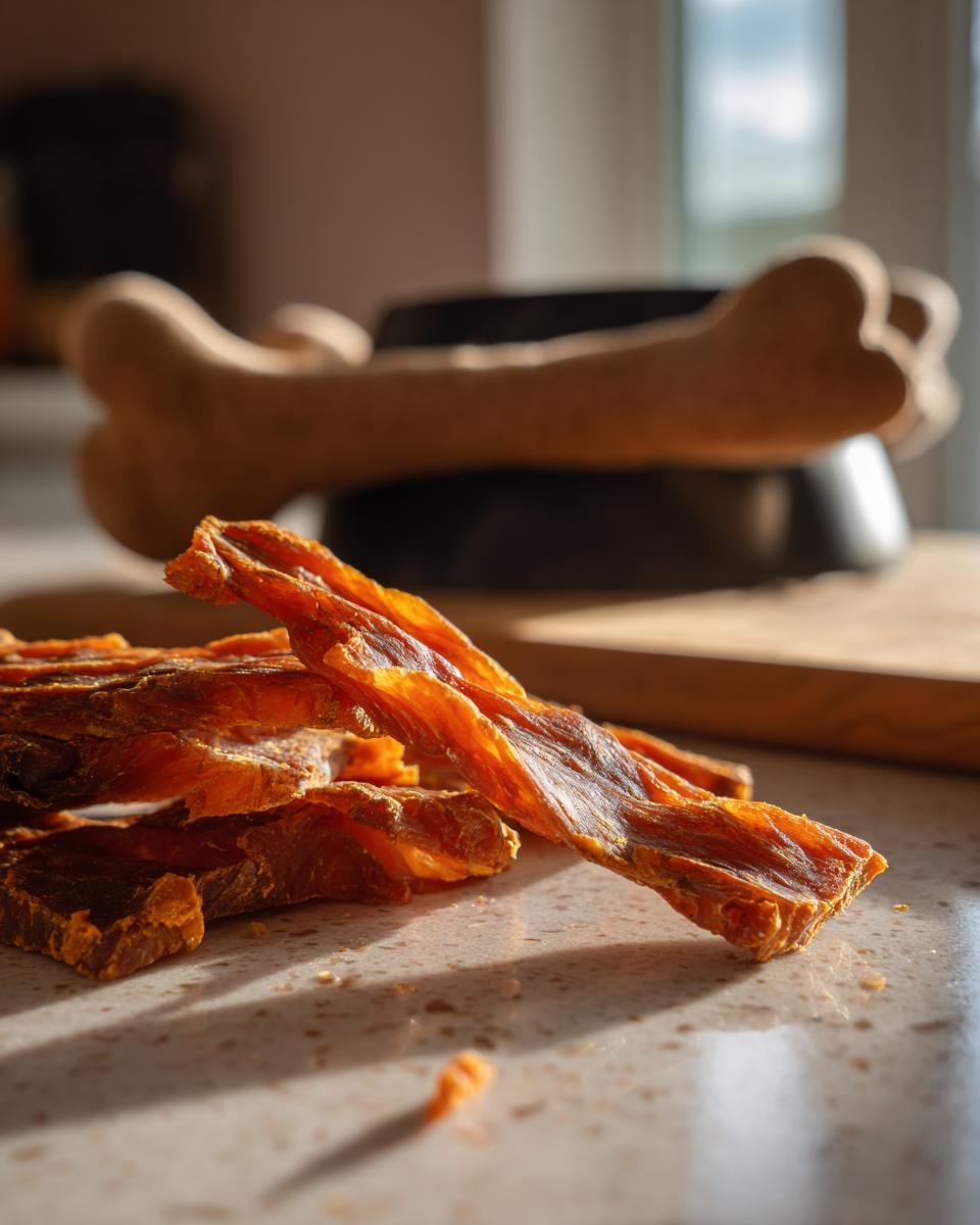 Close-up of homemade Lamb and Pumpkin Fitness Jerky strips, a healthy dog treat, with a bone-shaped dog toy in the background.