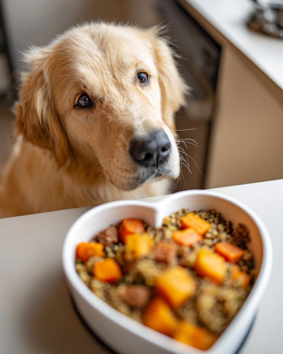 A golden retriever dog looks intently at a heart-shaped bowl filled with a Lamb and Pumpkin Strong Heart Meal for Gentle Energy.