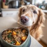 Golden Retriever dog looking at a heart-shaped bowl filled with Lamb and Pumpkin Strong Heart Meal for Gentle Energy.