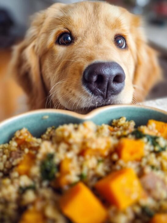 A golden retriever looks longingly at a bowl of Lamb and Pumpkin Strong Heart Meal for Gentle Energy.