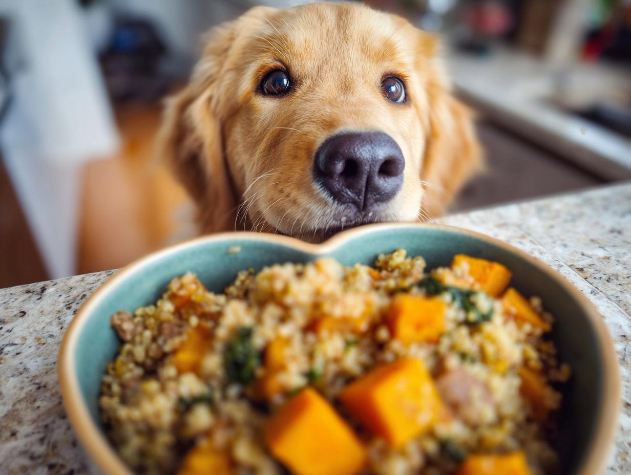 A golden retriever looks longingly at a bowl of Lamb and Pumpkin Strong Heart Meal for Gentle Energy.