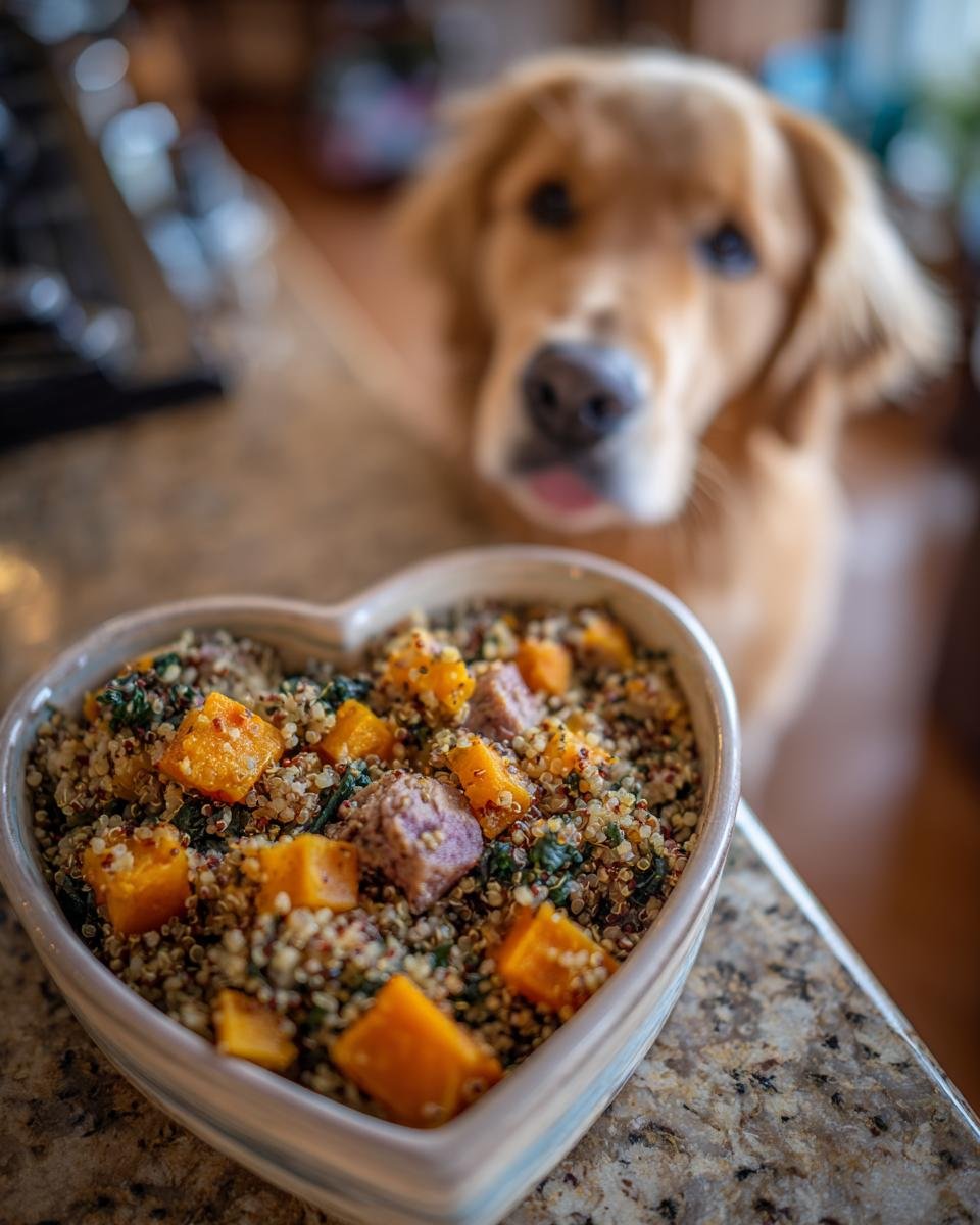 A heart-shaped bowl filled with Lamb and Pumpkin Strong Heart Meal for Gentle Energy, with a Golden Retriever in the background.