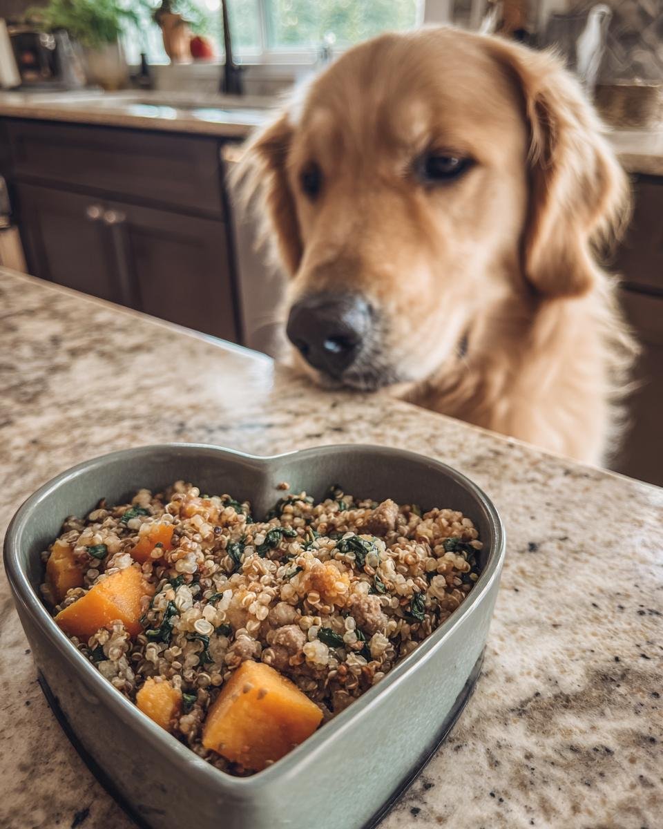 A golden retriever looks longingly at a heart-shaped bowl filled with Lamb and Pumpkin Strong Heart Meal for Gentle Energy.