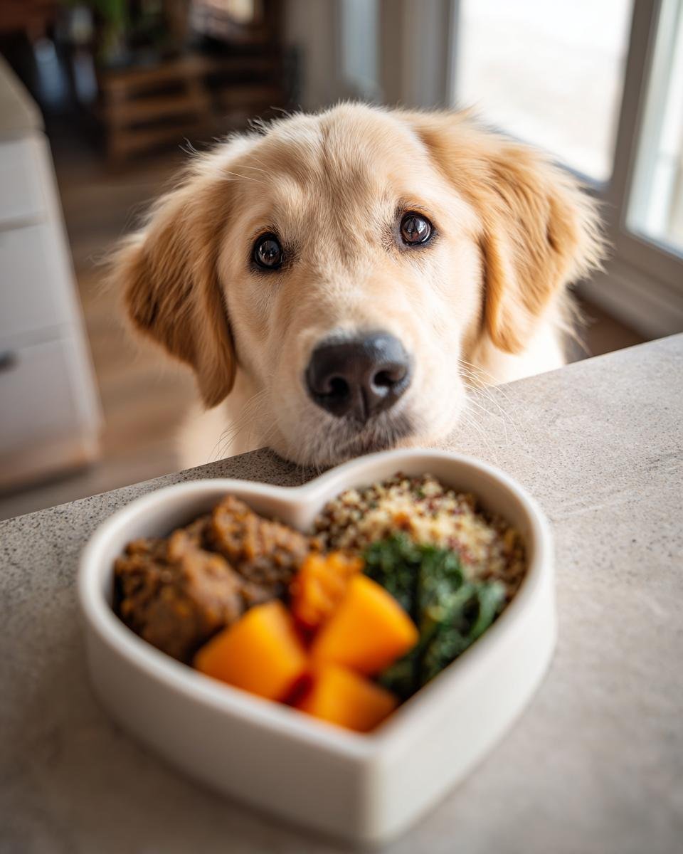 Golden retriever puppy looking at a heart-shaped bowl of Lamb and Pumpkin Strong Heart Meal for Gentle Energy.