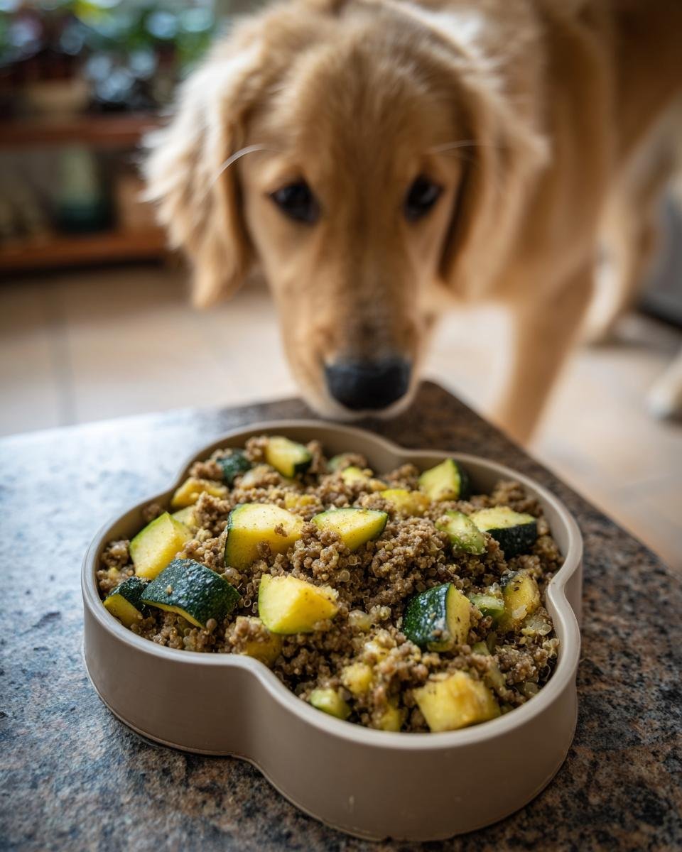 Golden Retriever puppy looking at a bowl of Lamb and Zucchini Muscle Meal for Energy and Recovery.