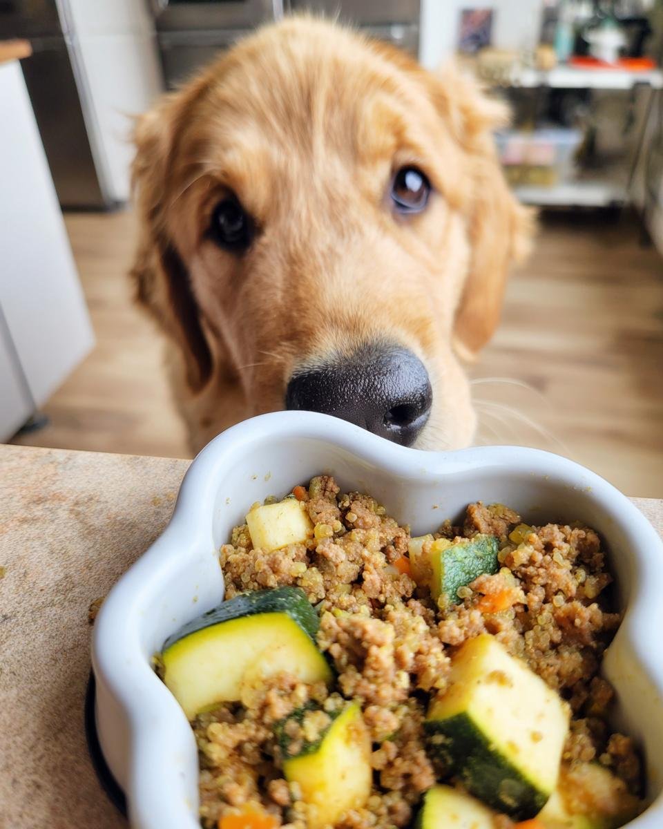 Golden Retriever puppy looking at a bowl of Lamb and Zucchini Muscle Meal.