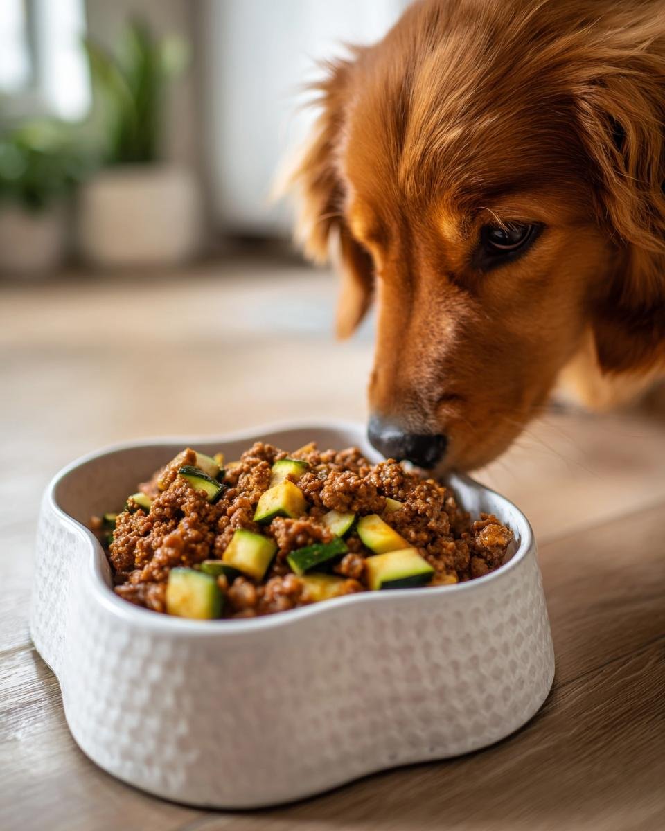 Golden retriever dog sniffing a bowl of Lamb and Zucchini Muscle Meal for Energy and Recovery.