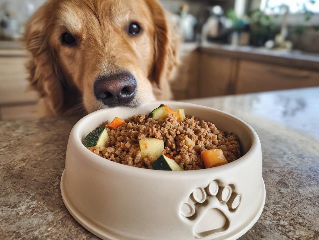 Golden Retriever looking at a bowl of Lamb and Zucchini Muscle Meal for Energy and Recovery.