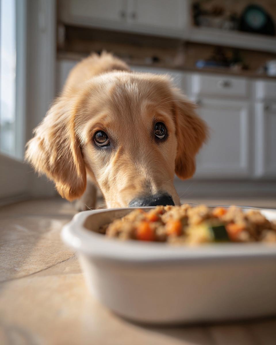 A golden retriever puppy curiously looking at a bowl of Lamb and Zucchini Muscle Meal for Energy and Recovery.